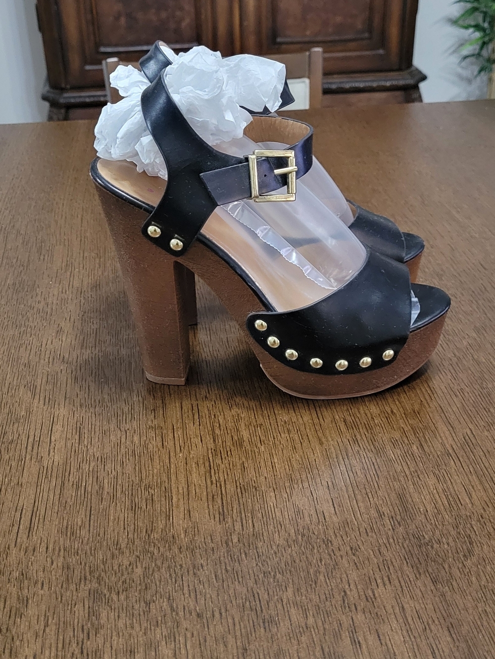 Black Platform Studded Faux Leather Sandals with Block Heel Sz8